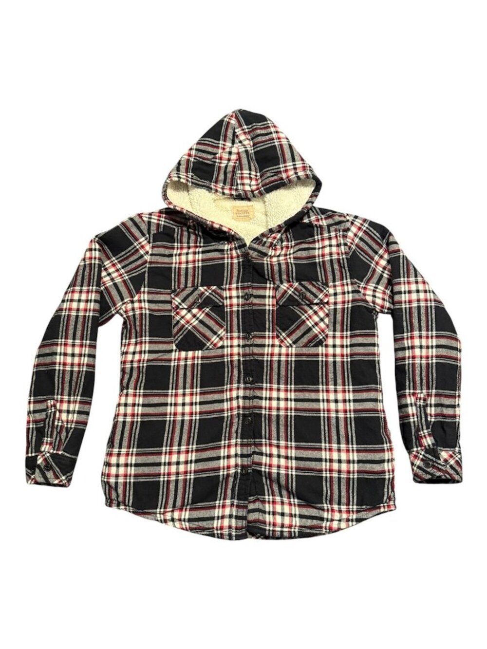 Boston Traders Women Button up Shirt Sherpa Lined Hood Plaid Jacket Med Blk Red